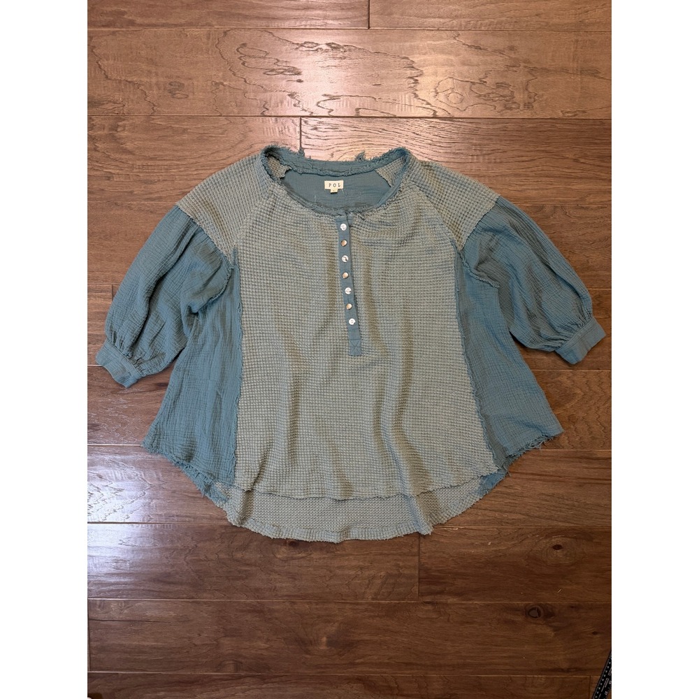 POL Womens Oversized Mixed Media Waffle Knit Gauze Henley Top Teal Blue L YKT388